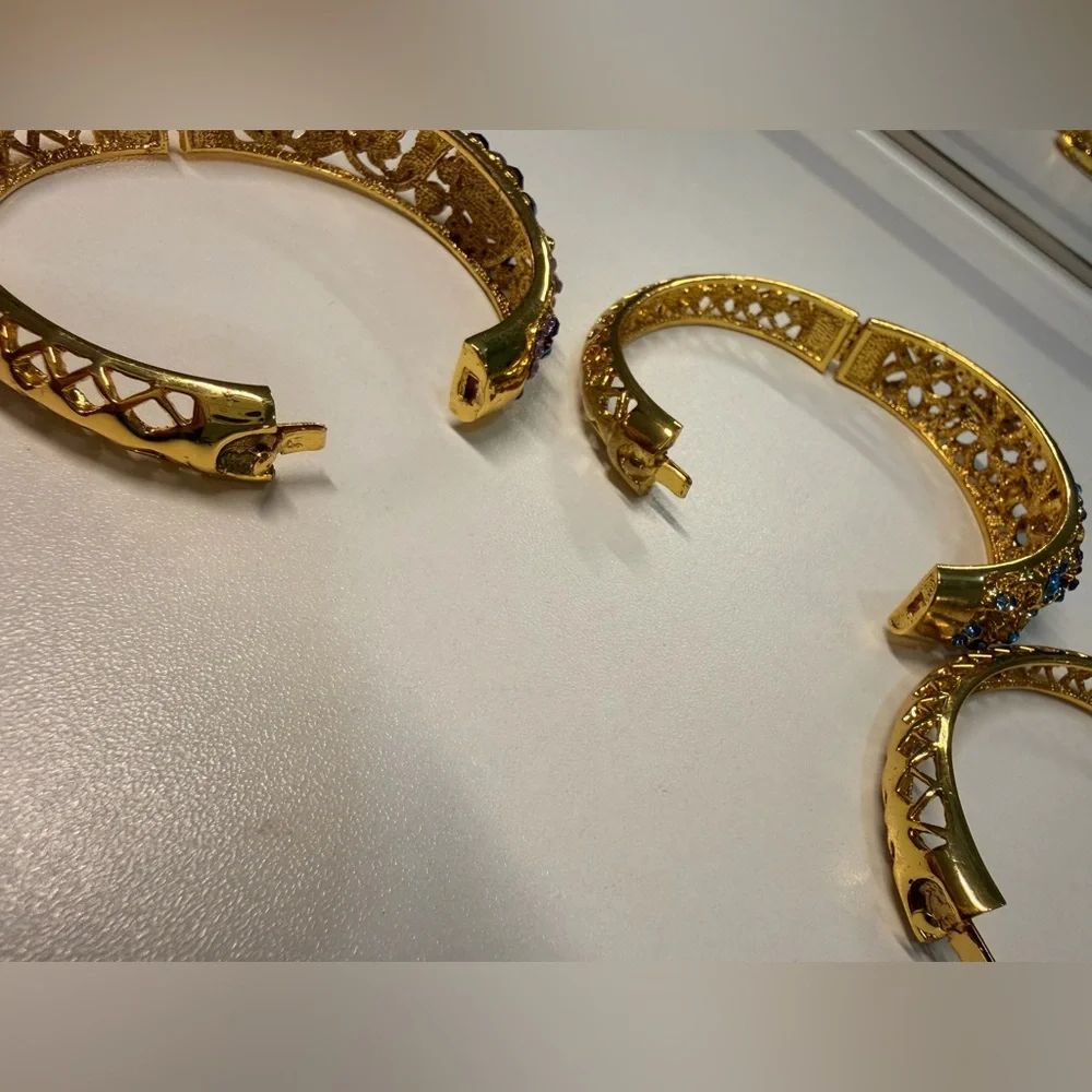 Gold Rhinestone Floral Stackable Multicolor Statement Bangle Bracelet Set